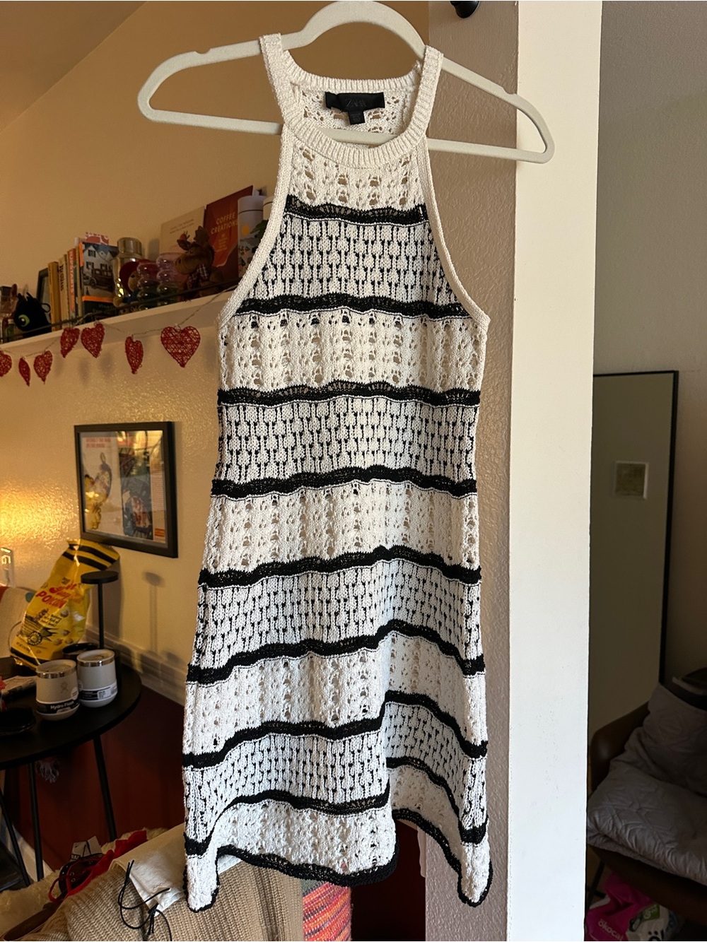 Zara - Crochet Halter Dress in White and Black -size xs